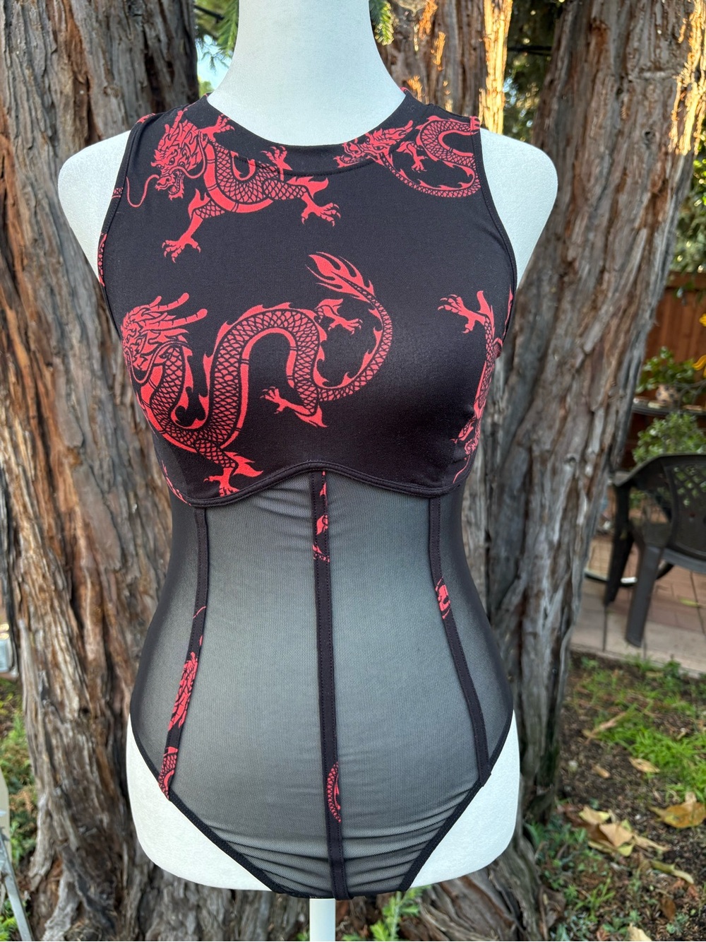 Black Red Dragon Mesh Bodysuit Alternative Streetwear Size Small